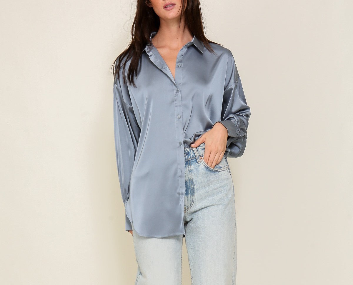 Long Sleeve Button Down Satin Oversized Blouse/Top